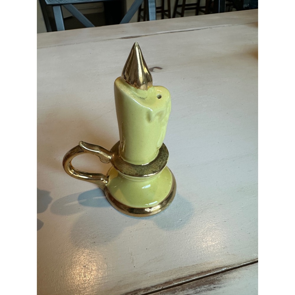 Vintage Ceramic Candle Chamberstick Salt Pepper Shaker Yellow Gold Mid Century
